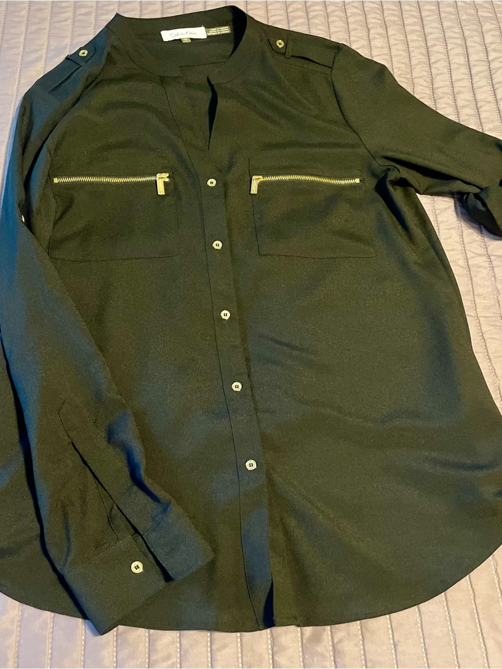 Calvin Klein Black Zip Pocket Button Front Blouse Small